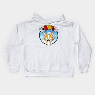 Silly corgi dog has a broken parachute Kids Hoodie